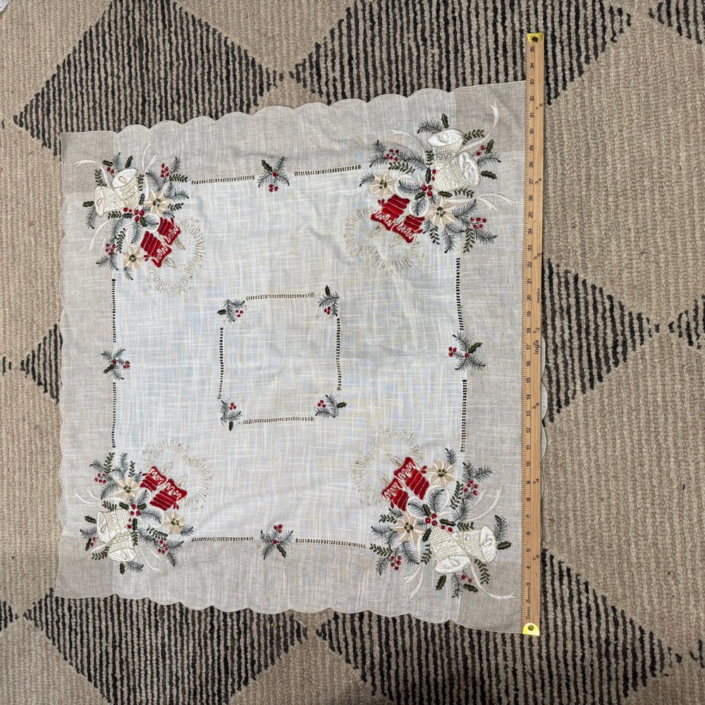 Vintage Embroidered Christmas Tablecloth Bells Poinsettia Holly Hemstitch 33x33 - Picture 5 of 12
